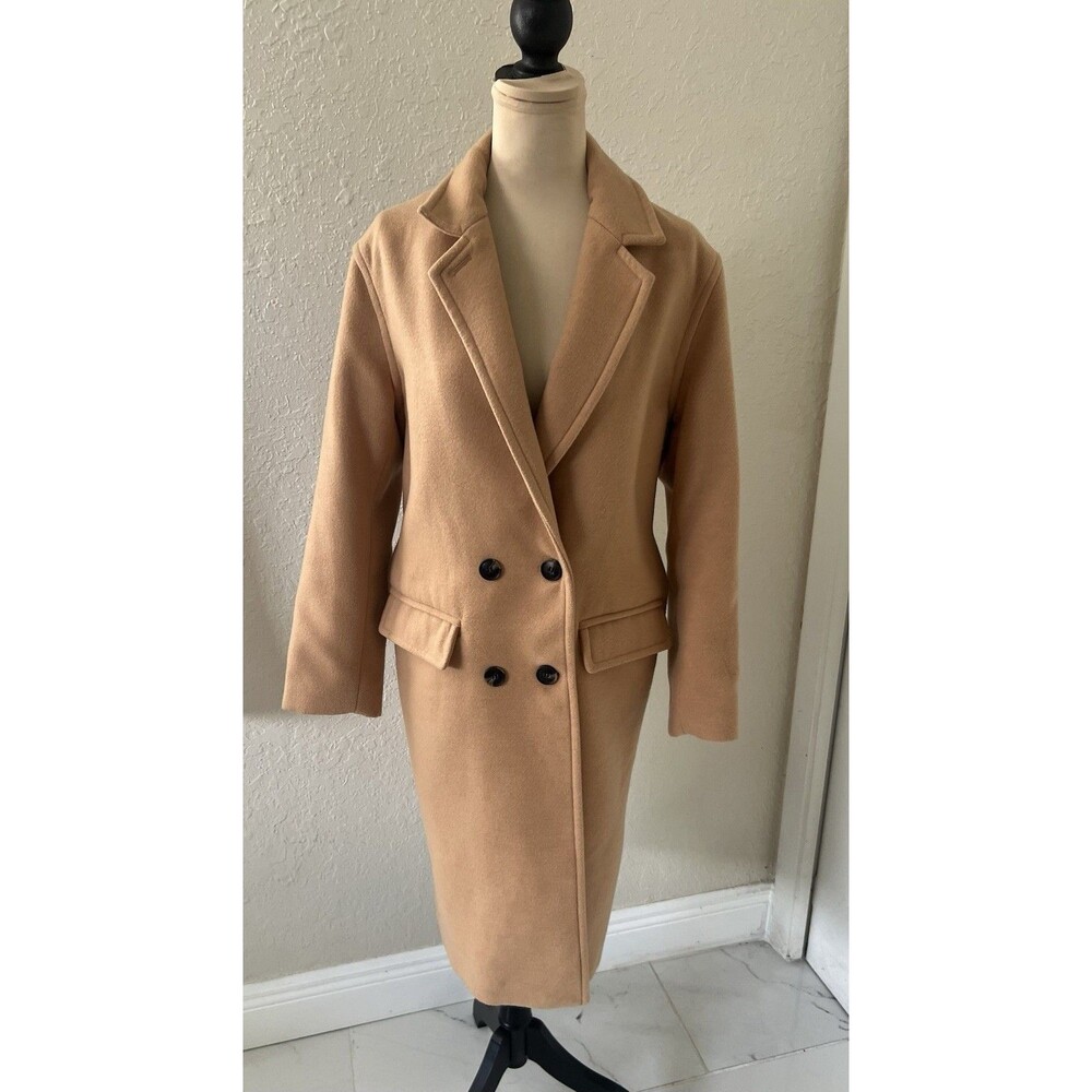 Forever 21 Long Sleeve Tan Coat with Black 'Amour' Embroidery Size L